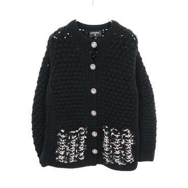 CHANEL COCO Mark Bijou Cardigan Sweter #36 P73103K10476 wool Nylon Black Used