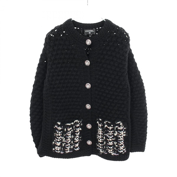 CHANEL COCO Mark Bijou Cardigan Sweter #36 P73103K10476 wool Nylon Black Used