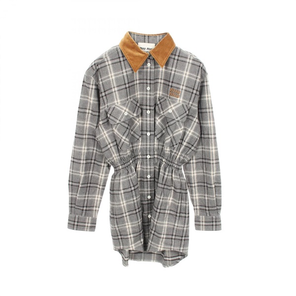 Miu Miu Flannel Mini Check Shirt Dress #36 cotton Gray Brown Used Women