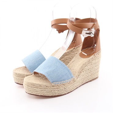 HERMES Tipoli Espadrille Wedge Heels Sandals Shoes denim leather Blue Brown #39