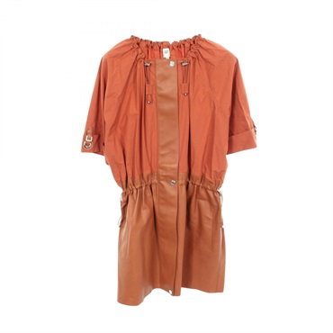HERMES Serie Button Panelled Short Sleeve Dress 2E15070DJ cotton leather #36