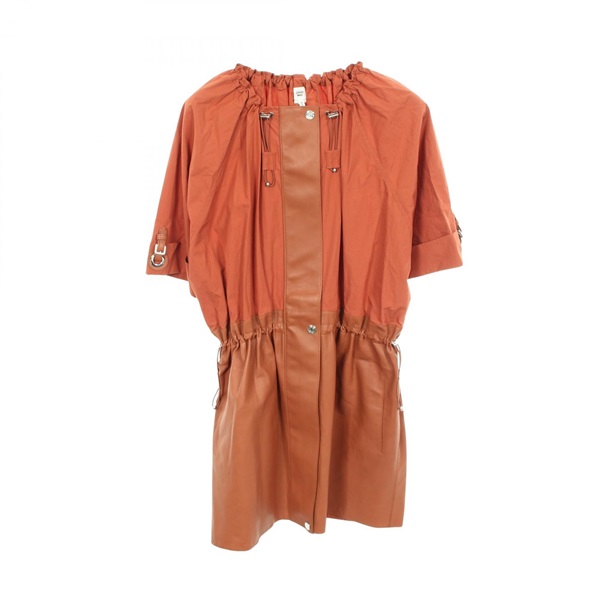 HERMES Serie Button Panelled Short Sleeve Dress 2E15070DJ cotton leather #36