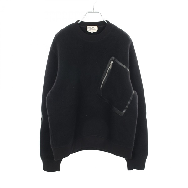 HERMES Knitwear Sweatshirt long sleeves cashmere wool leather Black Used size M