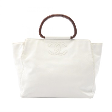 CHANEL COCO Mark Wood-grain Handle Tote Handbag leather White GHW Used CC