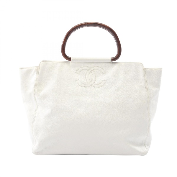 CHANEL COCO Mark Wood-grain Handle Tote Handbag leather White GHW Used CC