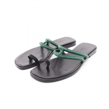 HERMES Georgia Sandals Flat Shoes #38 Suede Green Black Used Women