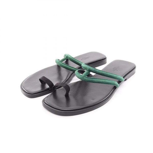 HERMES Georgia Sandals Flat Shoes #38 Suede Green Black Used Women