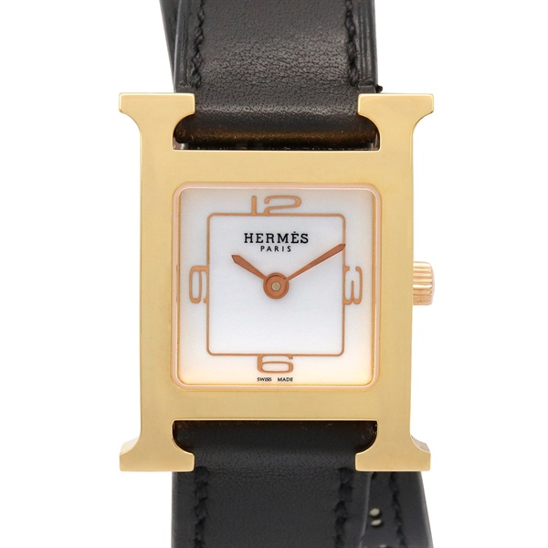 HERMES H Watch Double Tour Wrist Watch HH1.202 Quartz GP Leather belt Used Women