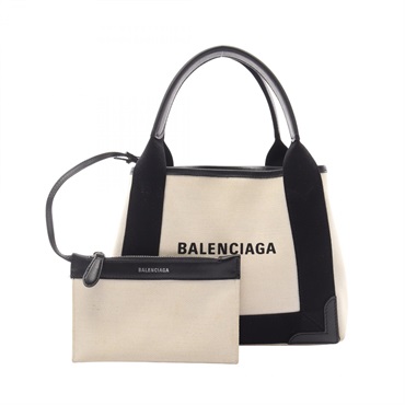 BALENCIAGA Navy Cabas XS Handbag 390346 canvas leather White Black Used Women