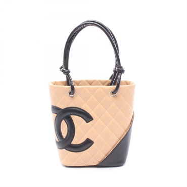 CHANEL Cambon Line Small Tote Handbag leather Beige Black SHW Used Women Coco CC