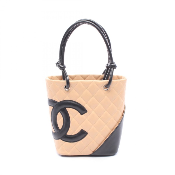 CHANEL Cambon Line Small Tote Handbag leather Beige Black SHW Used Women Coco CC
