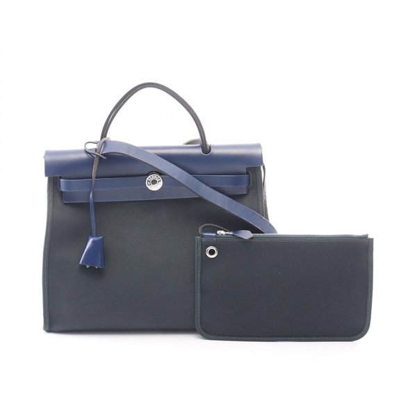 HERMES Herbag Zip PM Shoulder Handbag canvas leather lue de Prusse SHW Used C