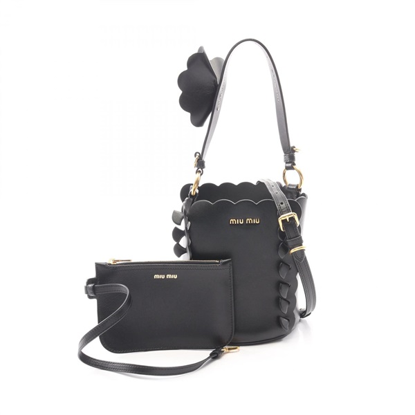 Miu Miu Bucket Bag Flower Shoulder Crossbody Handbag 5BE012 leather Black Used