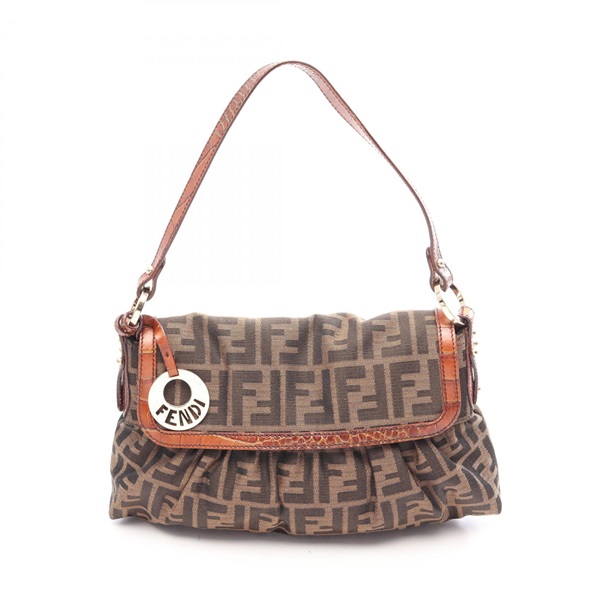 FENDI Zucca Shoulder hand Bag 8BR445 canvas leather Brown Black Used Women