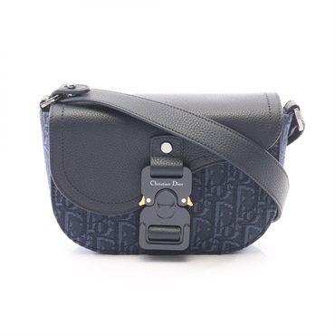 Christian Dior Saddle Mini Messenger Flap Shoulder Bag canvas leather Navy Used