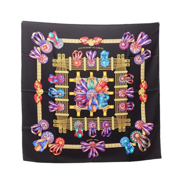 HERMES Carre 90 LES RUBANS DU CHEVAL Scarf Stole Wrap silk Black Multicolor Used