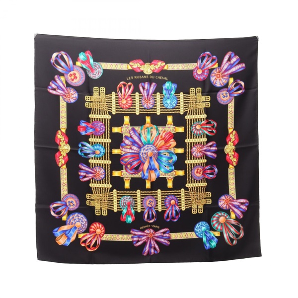 HERMES Carre 90 LES RUBANS DU CHEVAL Scarf Stole Wrap silk Black Multicolor Used