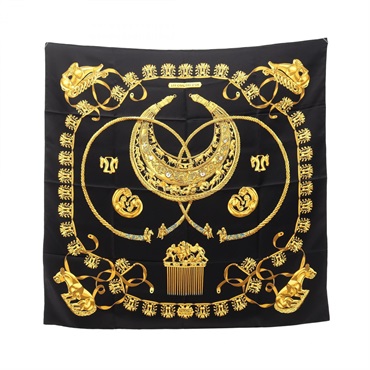 HERMES Carre 90 LES CAVALIERS D'OR Scarf Stole Wrap silk Black Yellow Used Women