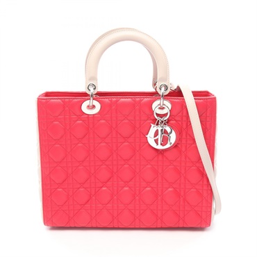 Christian Dior Lady Dior Large Cannage Shoulder Handbag leather Pink Gray Used