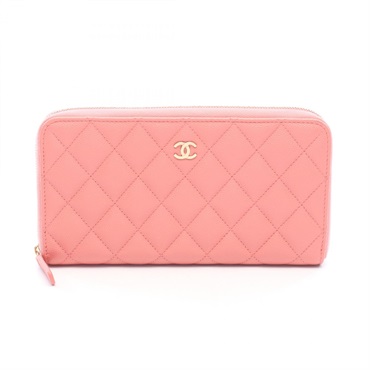CHANEL Matelasse Around zip long Wallet Purse A50097 Calf leather Pink GHW Used