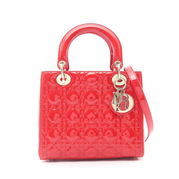 Christian Dior LADY DIOR Cannage shoulder Handbag Patent leather Red Used Women