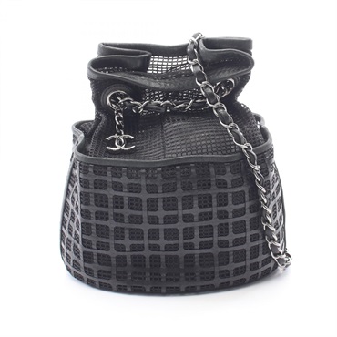CHANEL COCO Mark Drawstring Bucket Chain Shoulder Bag leather mesh Black Used