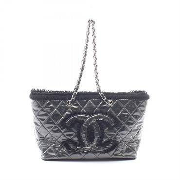 CHANEL Patent Toilette Funny Tweed Chain Shoulder Tote Bag Plastics wool BK Used
