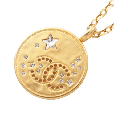 CHANEL COCO Mark Star Coin B24K Necklace Pendant GP Rhinestone Used Women CC