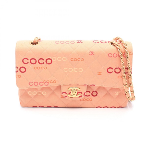 CHANEL COCO print Matelasse W flap Chain Shoulder Crossbody Bag canvas leather