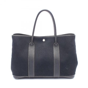 HERMES Garden party PM Tote hand Bag J Toile officier leather Black Used SHW