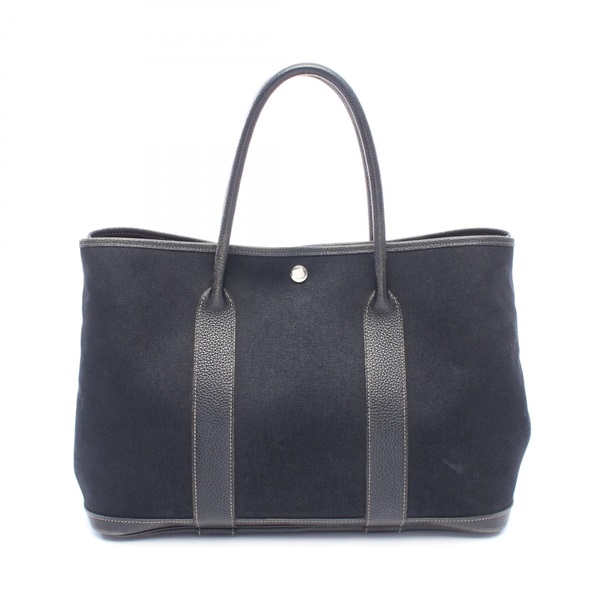 HERMES Garden party PM Tote hand Bag J Toile officier leather Black Used SHW