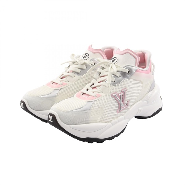 LOUIS VUITTON Run 55 Line Sneakers Shoes #41 leather Fabric White Silver Used LV