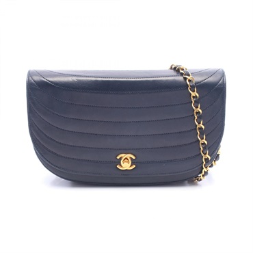 CHANEL Half moon Chain Shoulder Crossbody Bag Lambskin leather Navy GHW Used CC