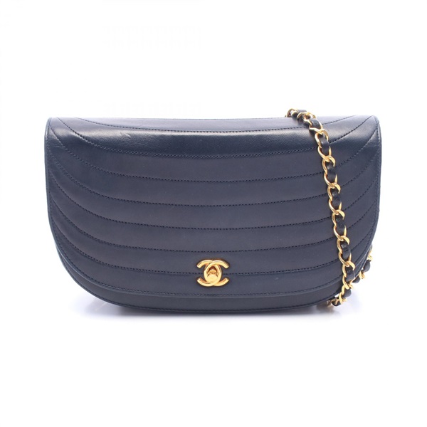 CHANEL Half moon Chain Shoulder Crossbody Bag Lambskin leather Navy GHW Used CC