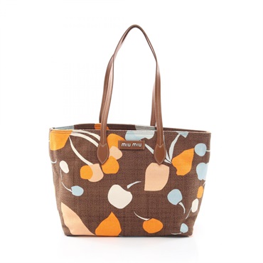 Miu Miu TESSUTO PRINT Tote Shoulder Bag canvas leather Brown Multicolor Used