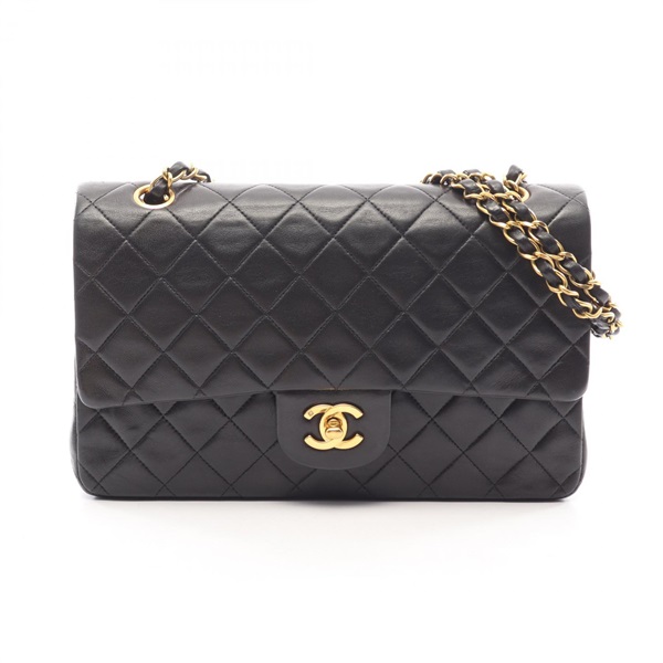 CHANEL Matelasse W flap chain Shoulder Bag Lambskin Black Used Women GHW