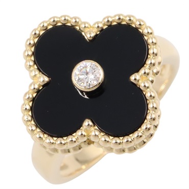 Van Cleef & Arpels Vintage Alhambra Onyx Diamond Ring 18KYG Gold Black Used #47