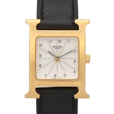HERMES H Square Wrist Watch HH1.201 Quartz Gold Plated leather Used Women