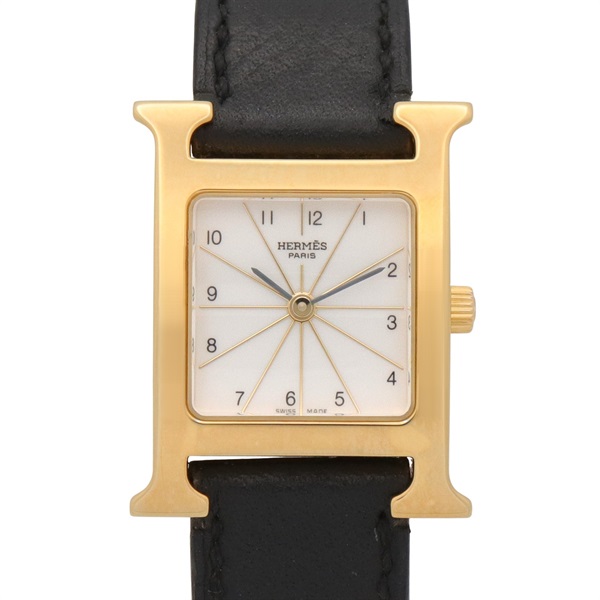 HERMES H Square Wrist Watch HH1.201 Quartz Gold Plated leather Used Women