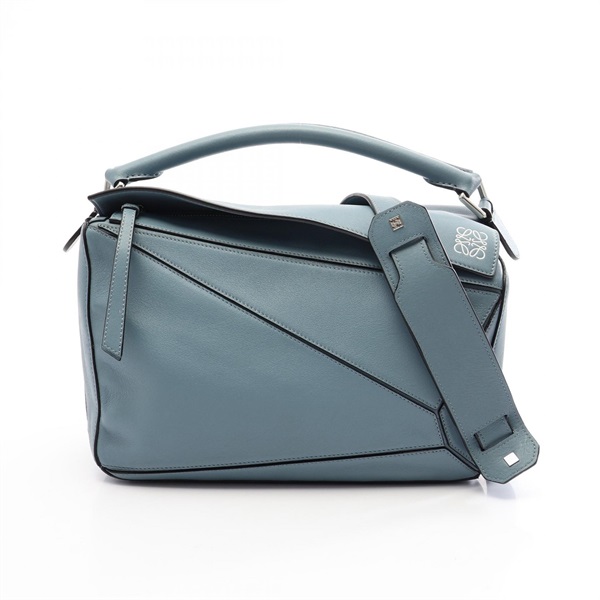 LOEWE Puzzle Bag Medium Shoulder Crossbody Handbag leather Blue Used Women