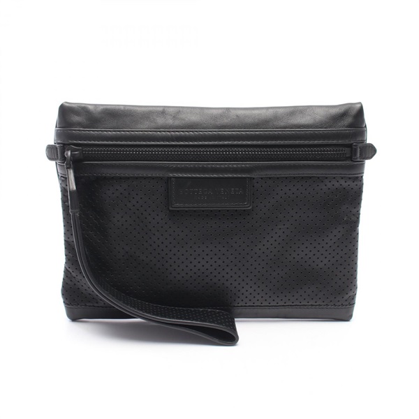 BOTTEGA VENETA Punching process business clutch bag leather Black Used mens