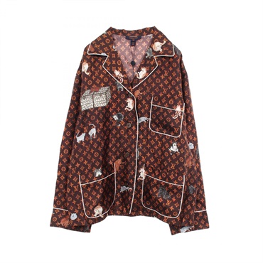 LOUIS VUITTON Catgram Pajamas Shirts Tops silk Brown Multicolor Used Women #38