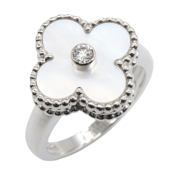 Van Cleef & Arpels Vintage Alhambra Diamond MOP Ring 18KWG Gold Women #5.25 #50