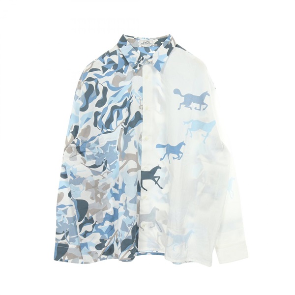 HERMES PUZZLE VEGETAL Long Sleeve Shirt #42 16 1/2 cotton White Blue Gray Used