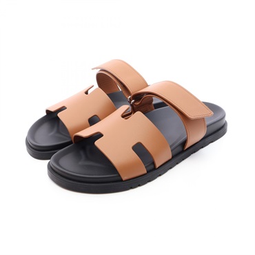 HERMES Cypres Flat Sandals Shoes 222000Z leather Brown Gold Black Preowned #42