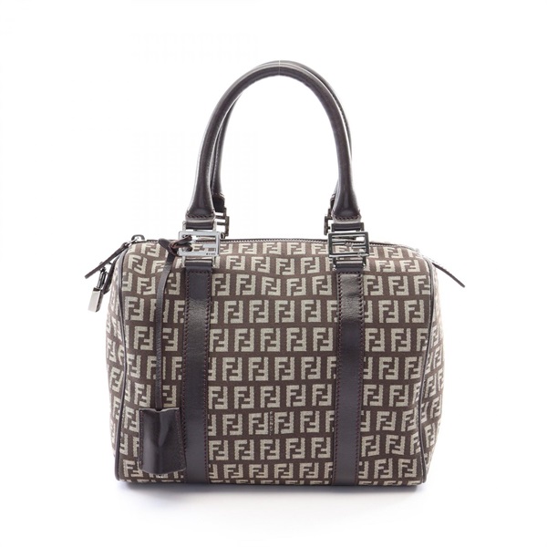 FENDI Zucchino Zippered Handbag canvas leather Brown Used Women FF