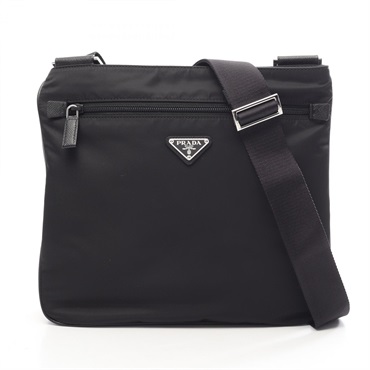 PRADA Triangular logo Shoulder Crossbody Bag Nylon Saffiano leather Black Used