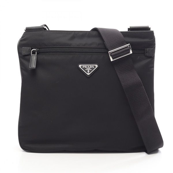 PRADA Triangular logo Shoulder Crossbody Bag Nylon Saffiano leather Black Used