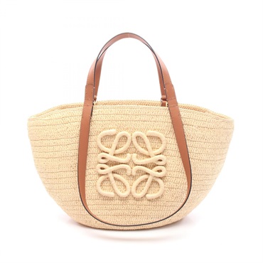 LOEWE Eclipse Basket M Shoulder Tote Bag Leather Raffia Beige Brown Preonwed