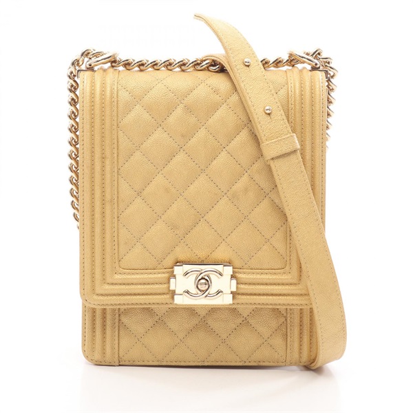 CHANEL Boy Chanel North South Shoulder Bag Grained Calfskin leather Gold Used